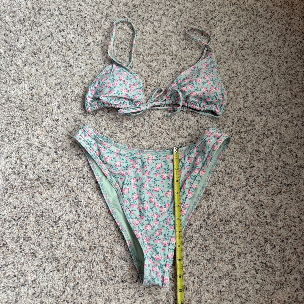 PacSun Mint Green and Pink Floral Bikini Set High Waist Triangle Tie Top Cheeky - Picture 2 of 7